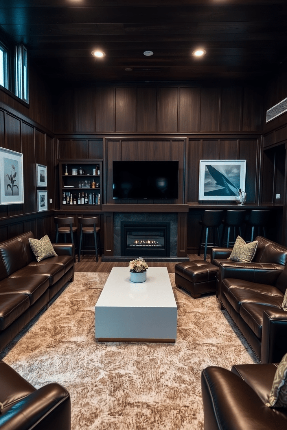 A stylish man cave featuring dark wood paneling and plush leather seating arranged around a sleek, modern coffee table. The walls are adorned with white framed art pieces that add a touch of sophistication, while a large flat-screen TV is mounted above a contemporary fireplace. In one corner, a well-stocked bar with high stools invites relaxation and entertainment. Soft lighting creates a warm ambiance, enhancing the overall comfort and appeal of this inviting space.