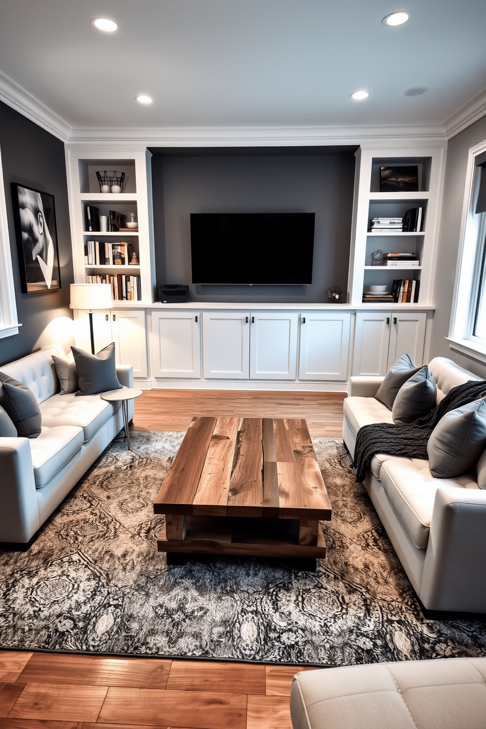 A stylish man cave designed with a white and gray color palette, featuring a plush sectional sofa adorned with gray throw pillows. The walls are painted in a soft white, with one accent wall in a deep charcoal gray, creating a cozy yet modern atmosphere. In the center of the room, a sleek coffee table made of reclaimed wood sits atop a textured gray area rug. Ambient lighting is provided by stylish floor lamps, and a mounted flat-screen TV is framed by built-in shelves displaying books and collectibles.