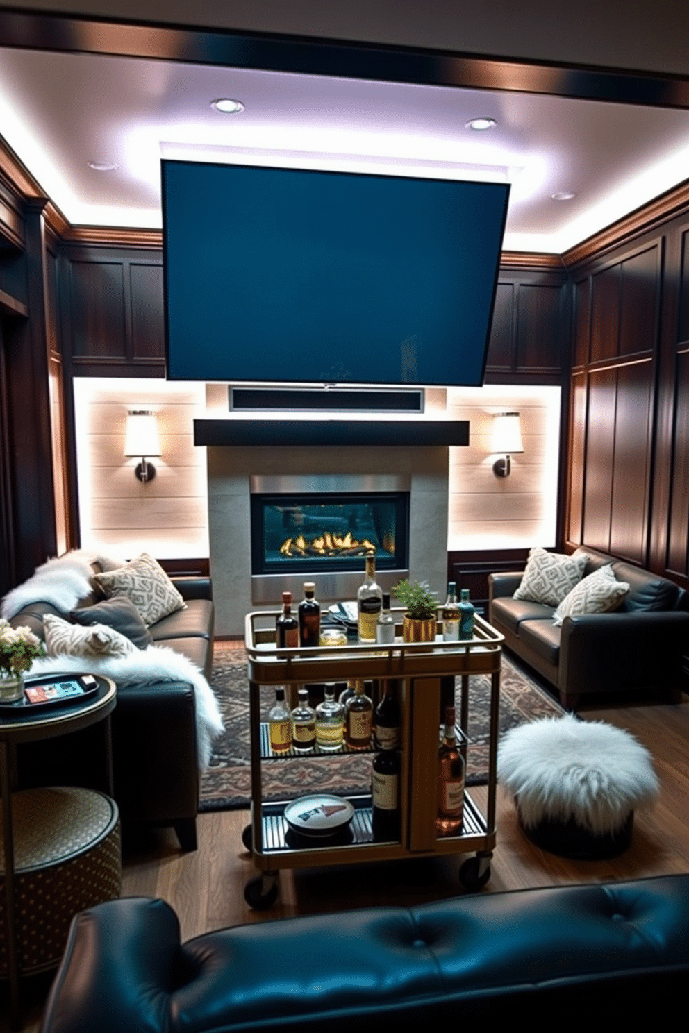 A stylish man cave designed for relaxation and entertainment. The space features a plush sectional sofa adorned with white faux fur throws, creating a cozy atmosphere. Dark wood paneling lines the walls, complemented by ambient lighting that highlights a vintage bar cart stocked with premium spirits. A large flat-screen TV is mounted above a sleek, modern fireplace, providing warmth and a focal point for gatherings.