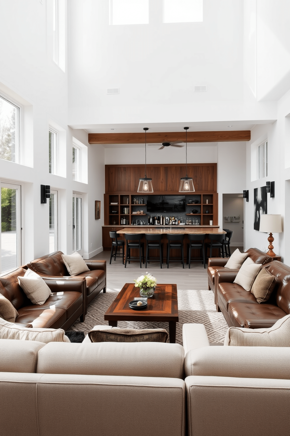 A spacious man cave featuring open white walls and large windows that flood the room with natural light. The design includes plush seating arrangements with a mix of leather and fabric textures, creating a comfortable and inviting atmosphere. In one corner, a custom-built wooden bar with sleek finishes offers a perfect spot for entertaining. The decor incorporates rustic elements, such as exposed wooden beams and industrial lighting fixtures, enhancing the overall masculine aesthetic.