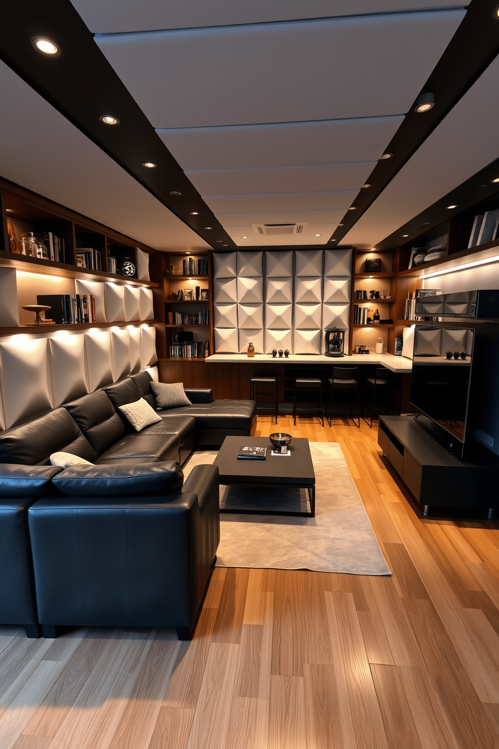 A modern man cave featuring white acoustic panels strategically placed on the walls for optimal sound control. The space includes a plush sectional sofa in dark leather, a sleek coffee table, and a large flat-screen TV mounted above a minimalist entertainment unit. Soft ambient lighting creates a cozy atmosphere, complemented by a stylish area rug that adds warmth to the hardwood floor. Shelves filled with books and memorabilia line one wall, while a small bar area with high stools invites relaxation and entertainment.