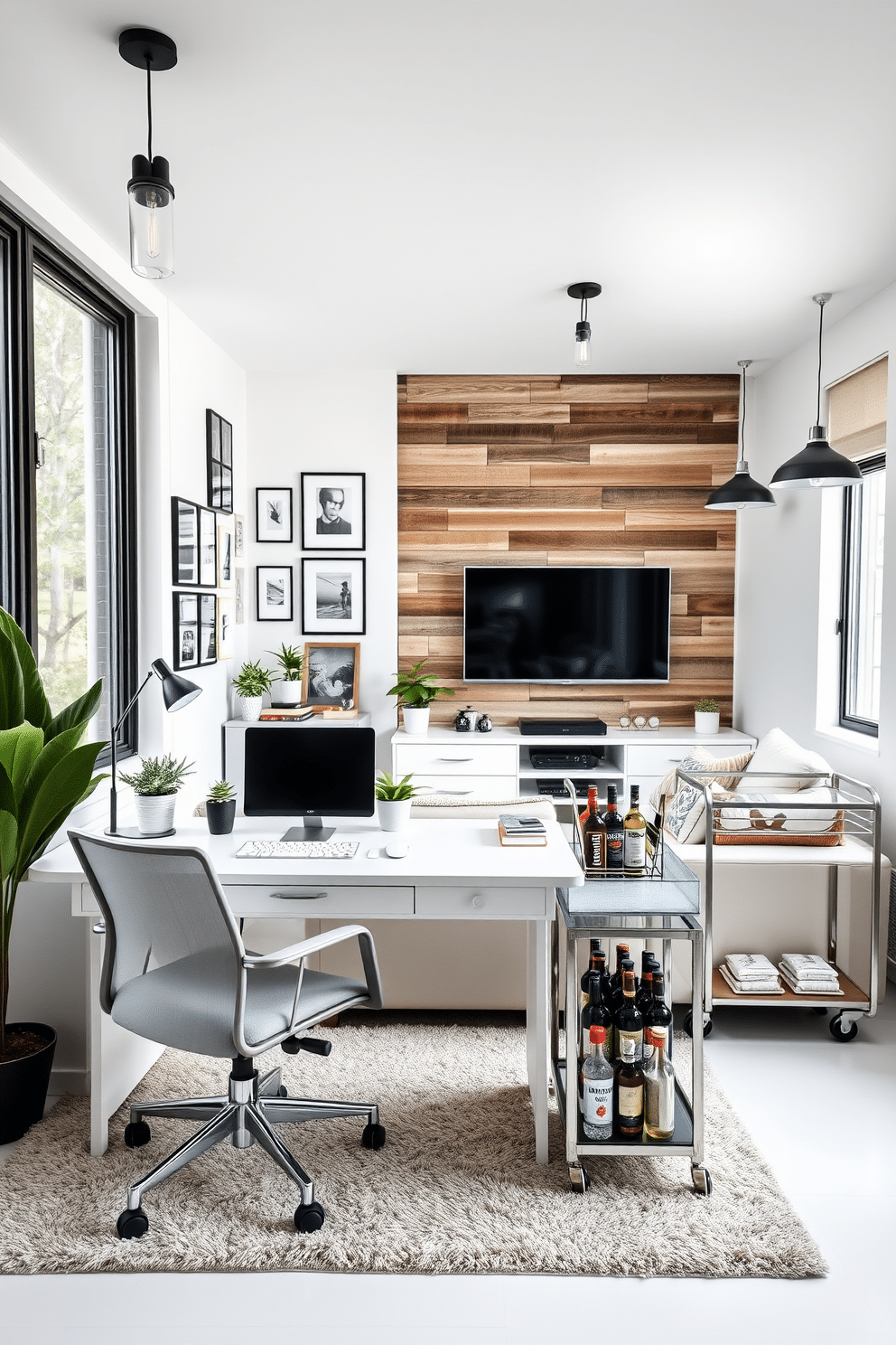 Chic white workspace with desk setup. The room features a sleek white desk with a minimalist design, paired with an ergonomic chair in soft gray. Natural light floods in through large windows, illuminating the space adorned with potted plants and stylish stationery. A gallery wall of framed art adds a personal touch, while a plush area rug anchors the room's aesthetic. White Man Cave Design Ideas. The space is designed with a comfortable leather sectional sofa facing a large flat-screen TV mounted on a feature wall of reclaimed wood. Ambient lighting is provided by industrial-style pendant lamps, and a custom bar cart stocked with drinks adds a touch of sophistication to the relaxed atmosphere.