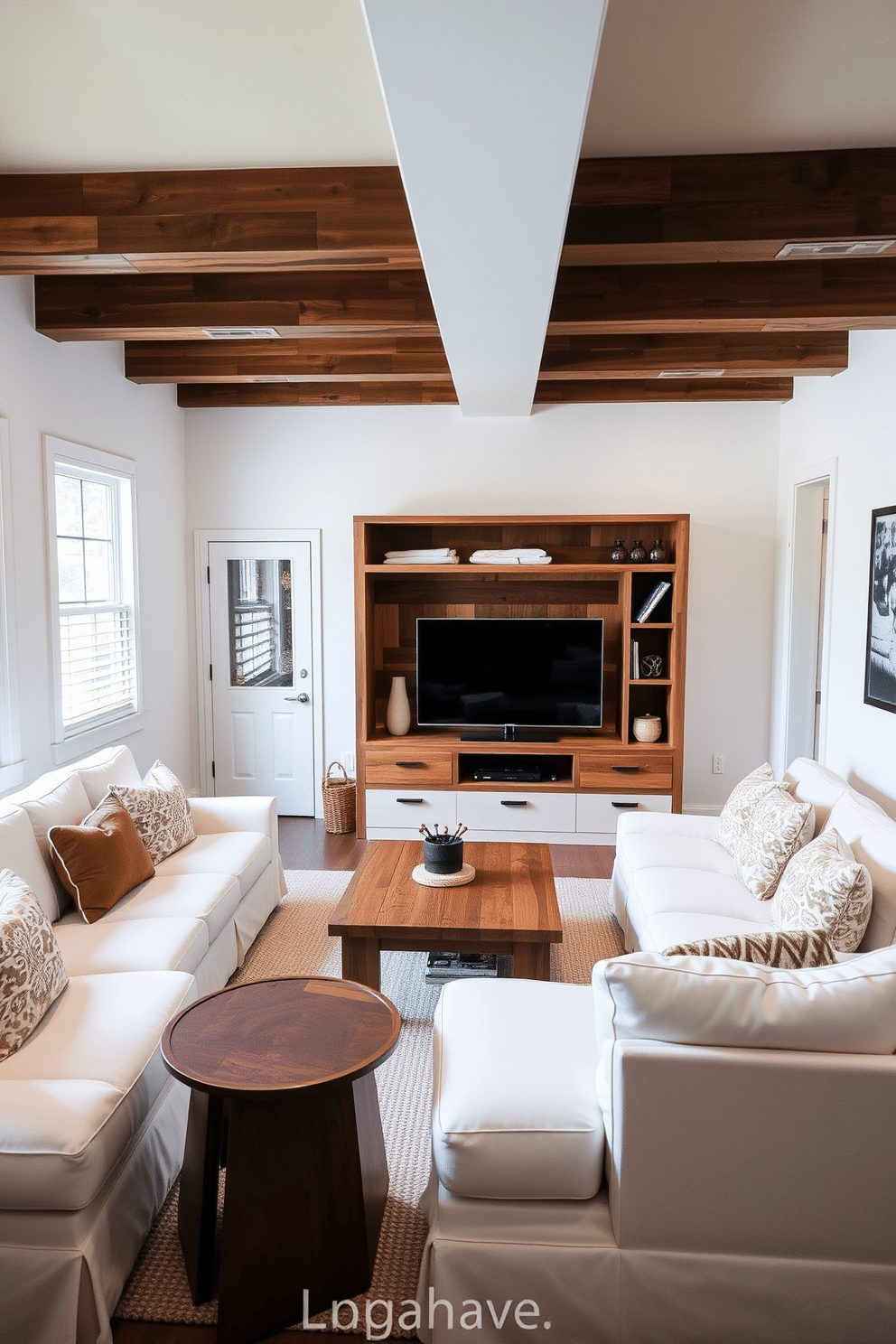 A cozy man cave featuring a harmonious blend of white and wood tones. The walls are painted a crisp white, complemented by rich wooden beams on the ceiling, creating an inviting atmosphere. The space includes a plush white sectional sofa adorned with wooden accents and a rustic coffee table. A sleek entertainment unit made of reclaimed wood houses the latest technology while maintaining a warm, natural feel.