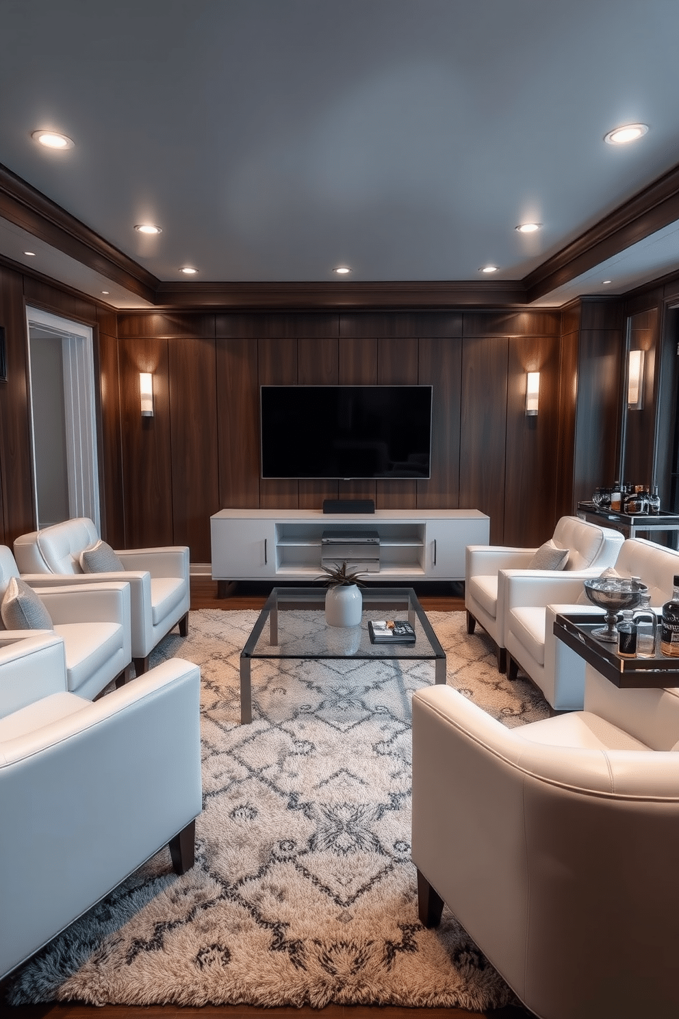 A stylish arrangement of white leather armchairs is positioned around a sleek glass coffee table, creating a cozy yet modern atmosphere. The walls are adorned with dark wood paneling, and a large flat-screen TV is mounted above a minimalist media console. In this man cave design, a plush area rug anchors the seating area, while ambient lighting fixtures cast a warm glow throughout the space. A bar cart stocked with premium spirits and glassware adds an element of sophistication to the relaxed environment.