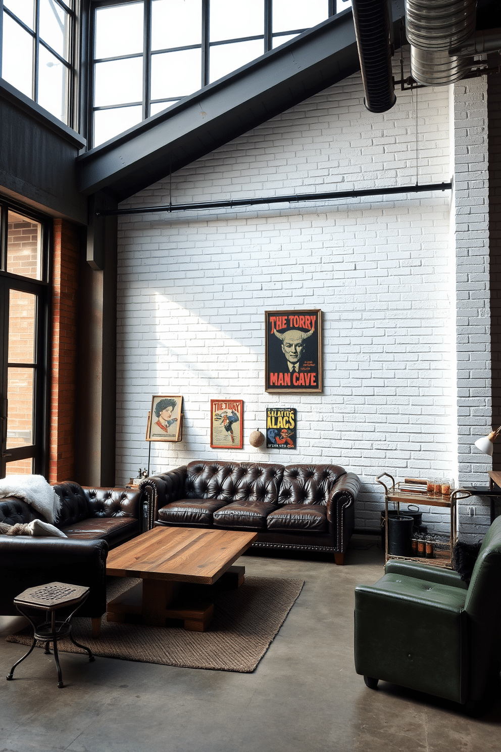 An industrial space featuring a white brick accent wall that adds texture and character to the room. The floor is polished concrete, and large metal-framed windows allow natural light to flood in, enhancing the urban aesthetic. The man cave is designed with a cozy yet stylish atmosphere, incorporating a plush leather sofa and a reclaimed wood coffee table. Vintage decor elements, such as an antique bar cart and retro posters, complement the industrial theme while creating a welcoming environment.