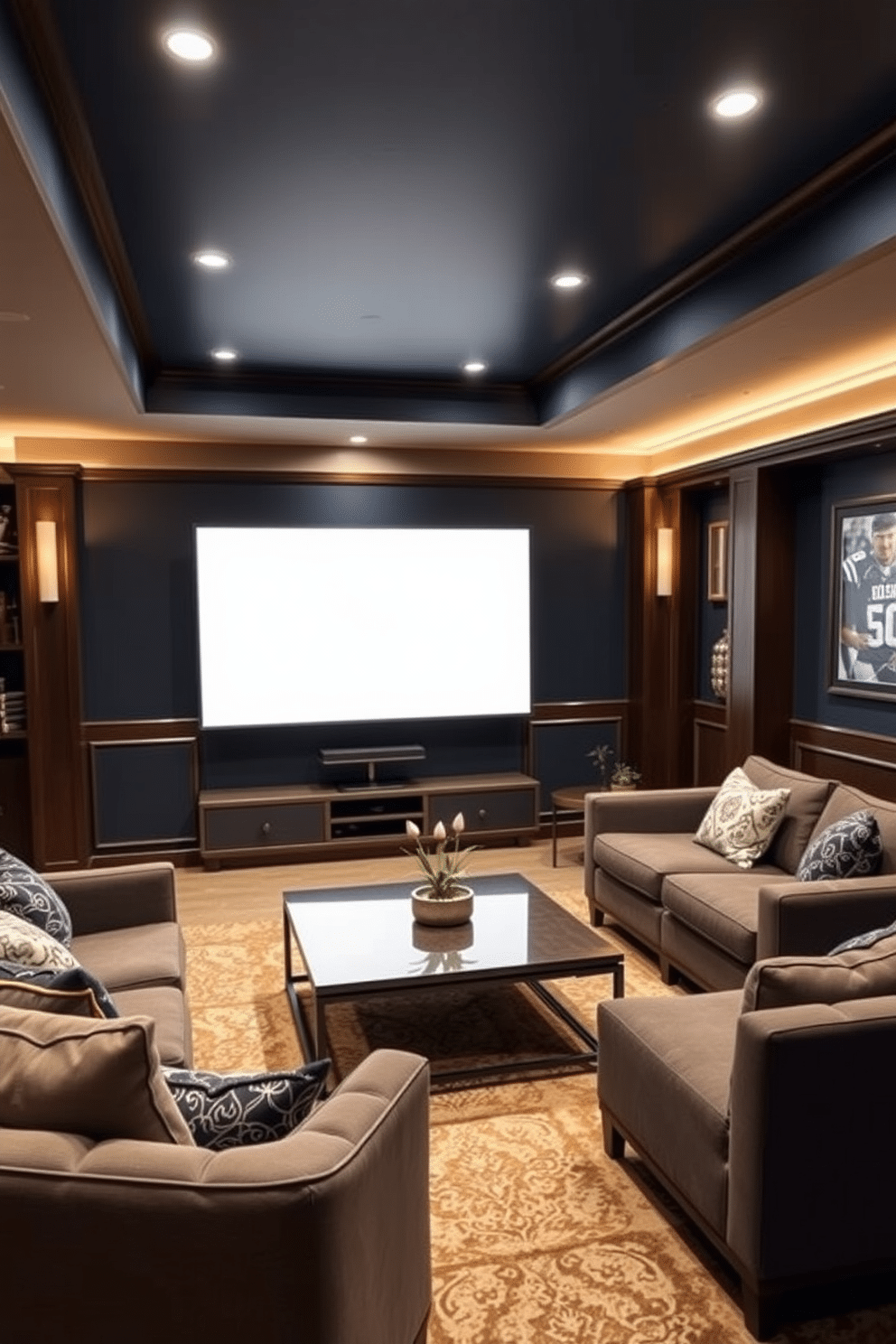 A stylish man cave featuring a white wall-mounted TV that seamlessly blends into the decor. The space is adorned with dark wood accents, plush seating, and ambient lighting that creates a cozy atmosphere. The walls are painted in a deep navy blue, providing a striking contrast to the white TV. A contemporary coffee table sits in the center, surrounded by a sectional sofa and framed sports memorabilia on the walls.