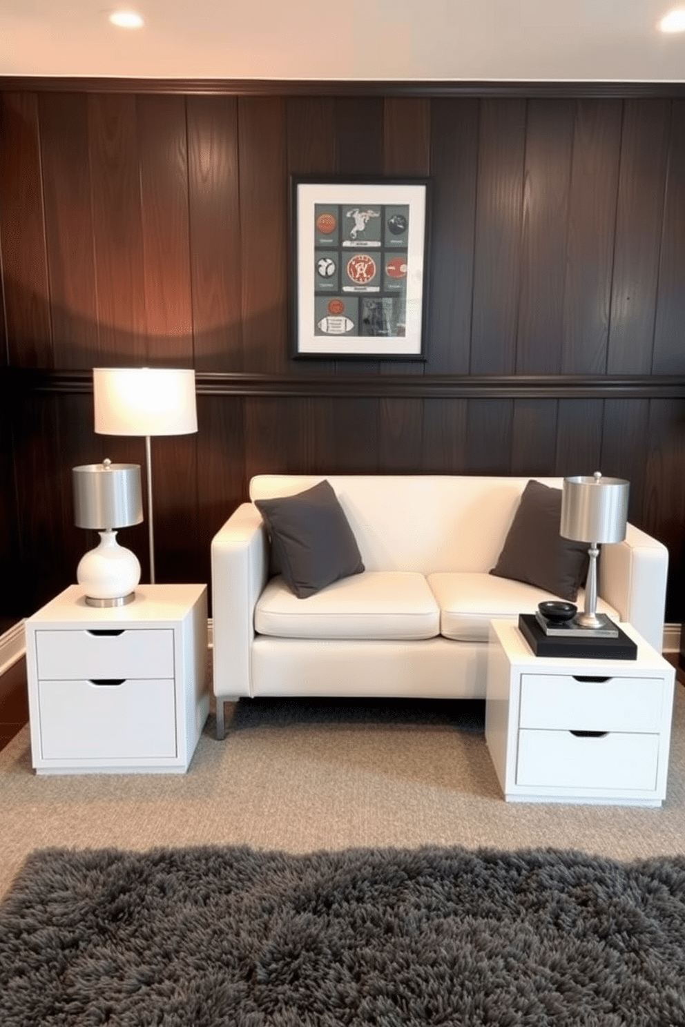 A pair of contemporary white side tables flanks a sleek, modern sofa in a cozy man cave. The tables feature clean lines and minimalistic design, topped with stylish lamps that provide a warm glow. The walls are adorned with dark wood paneling, creating a rich contrast with the white furniture. A plush area rug in deep gray anchors the space, while framed sports memorabilia adds a personal touch to the decor.