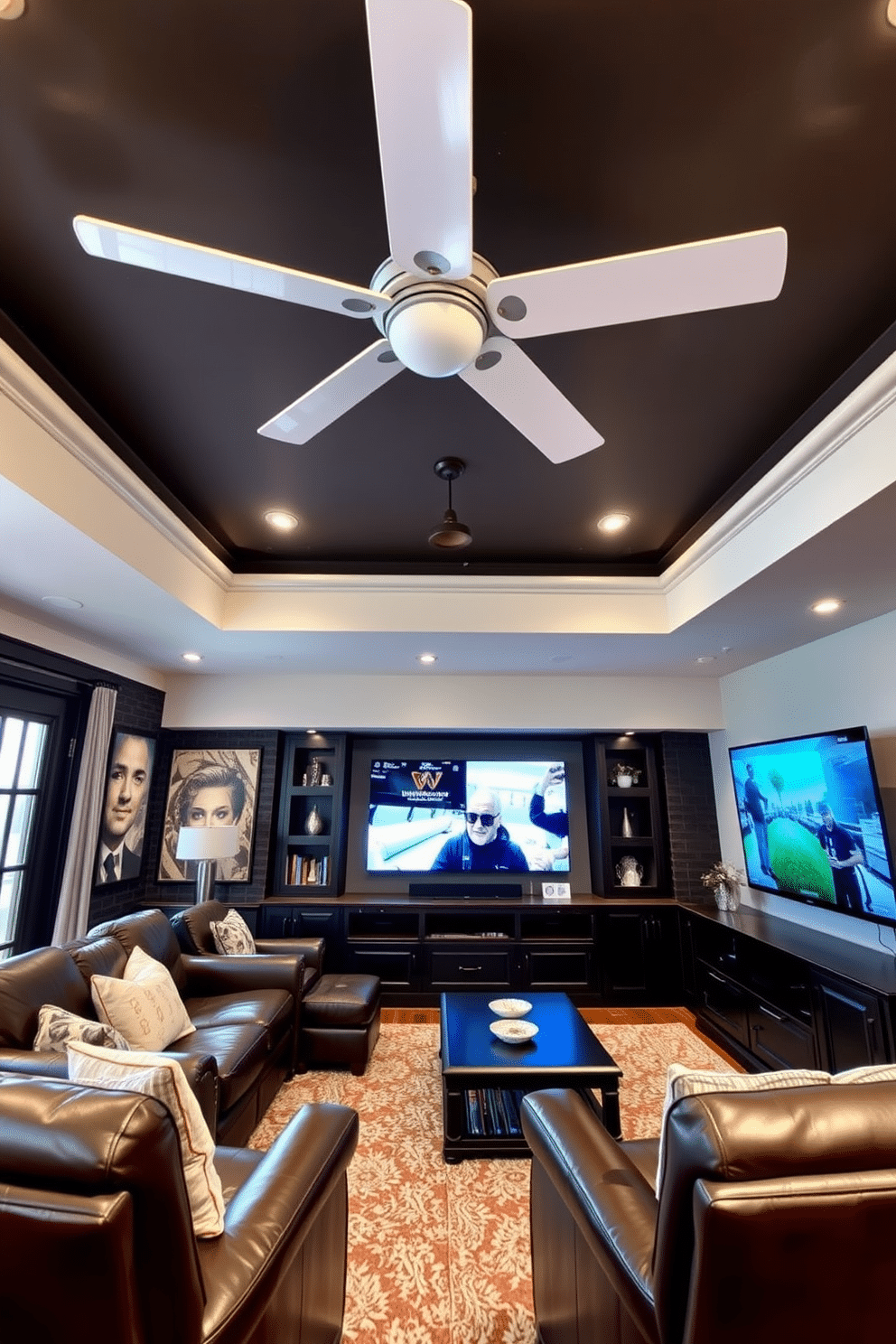 A stylish man cave featuring a bright white ceiling fan that enhances airflow and adds a modern touch. The space is designed with a mix of comfortable leather seating, a large flat-screen TV, and dark wood accents, creating an inviting atmosphere for relaxation and entertainment.