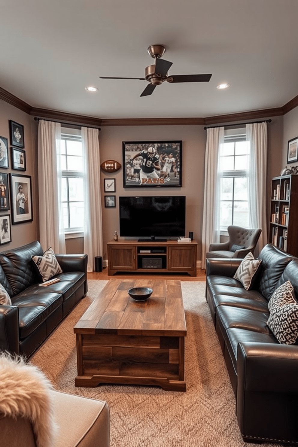 A stylish man cave featuring a comfortable sectional sofa in dark leather, complemented by a rustic wooden coffee table at the center. The walls are adorned with framed sports memorabilia, and a large flat-screen TV is mounted above a sleek media console. White curtains drape elegantly over large windows, allowing soft natural light to filter into the space. A cozy reading nook is created with a plush armchair and a small bookshelf filled with favorite novels, enhancing the inviting atmosphere.