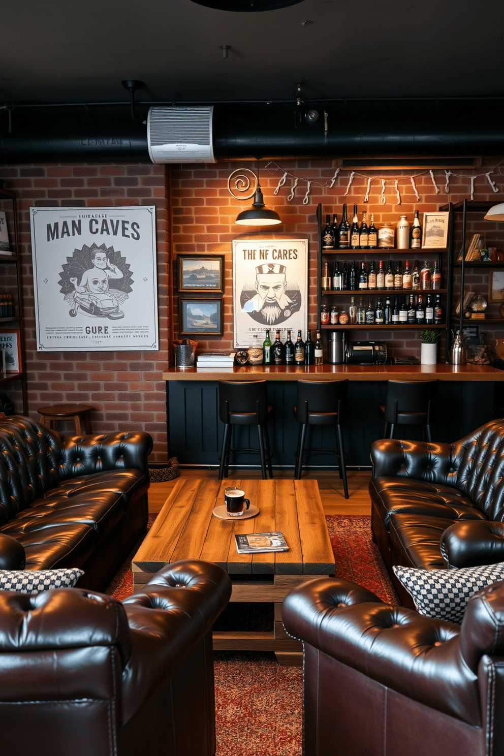 A cozy man cave featuring deep leather seating and a reclaimed wood coffee table. The walls are adorned with white vintage posters that evoke a retro vibe, complemented by warm, ambient lighting. A stylish bar area is integrated into the space, showcasing a selection of craft beers and spirits. Industrial shelving displays memorabilia and vintage finds, enhancing the nostalgic atmosphere.