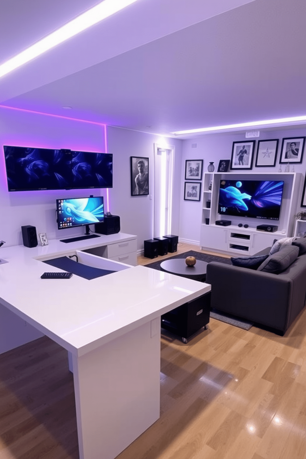 A sleek and functional white gaming station setup featuring a spacious L-shaped desk with a glossy white finish. Multiple monitors are mounted on the wall, and RGB lighting strips illuminate the space, creating an immersive gaming atmosphere. A cozy man cave designed with a modern aesthetic, showcasing a plush sectional sofa in dark gray and a large flat-screen TV mounted above a minimalist media console. The walls are adorned with framed artwork and memorabilia, while a custom-built bar area adds a touch of sophistication and functionality.