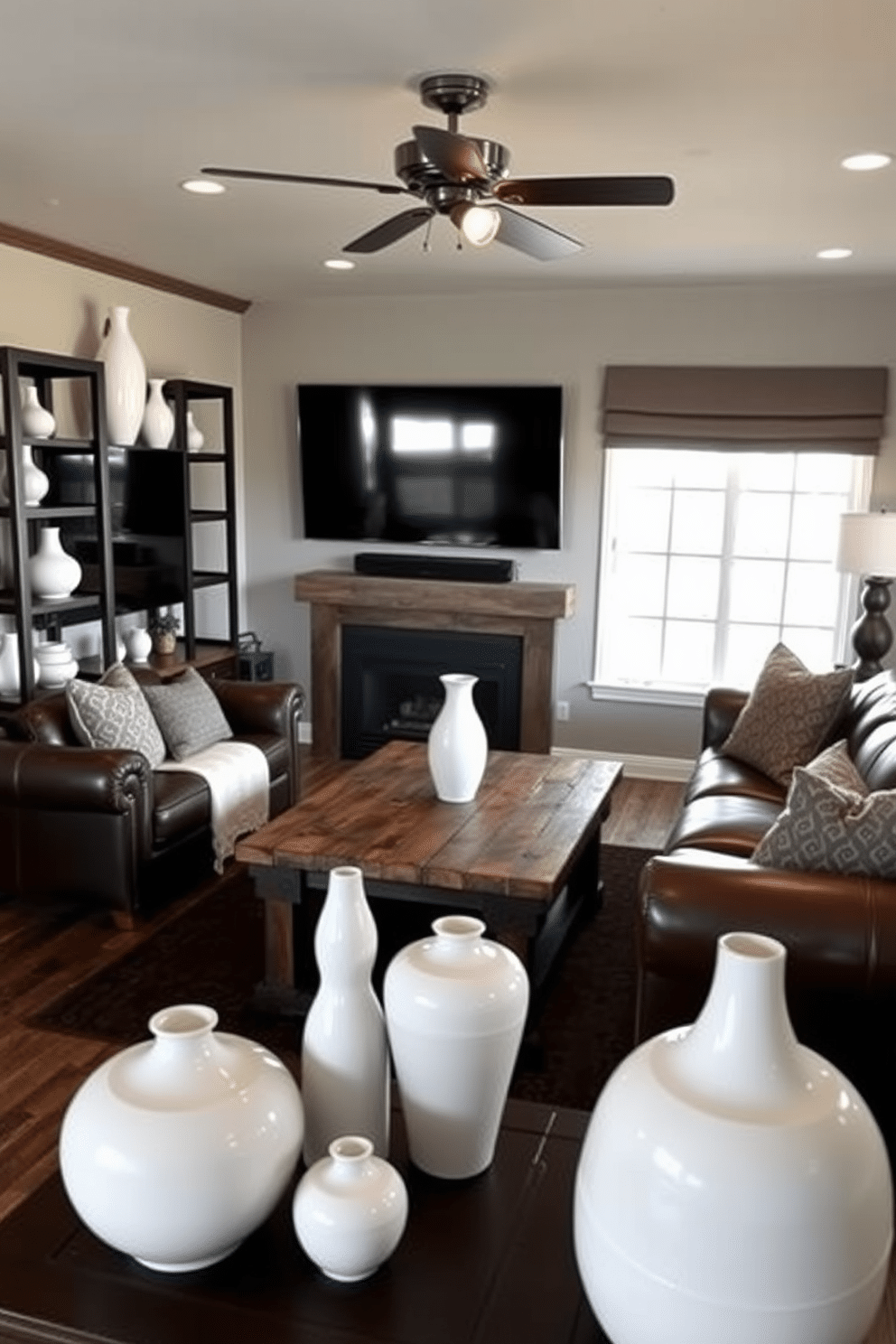 A stylish man cave designed for relaxation and entertainment. The space features a plush leather sectional sofa, a large flat-screen TV mounted on the wall, and a rustic wooden coffee table at the center. Incorporate white decorative vases to add finishing touches throughout the room. These vases, placed on shelves and side tables, create a clean contrast against the darker tones of the furniture and enhance the overall aesthetic.