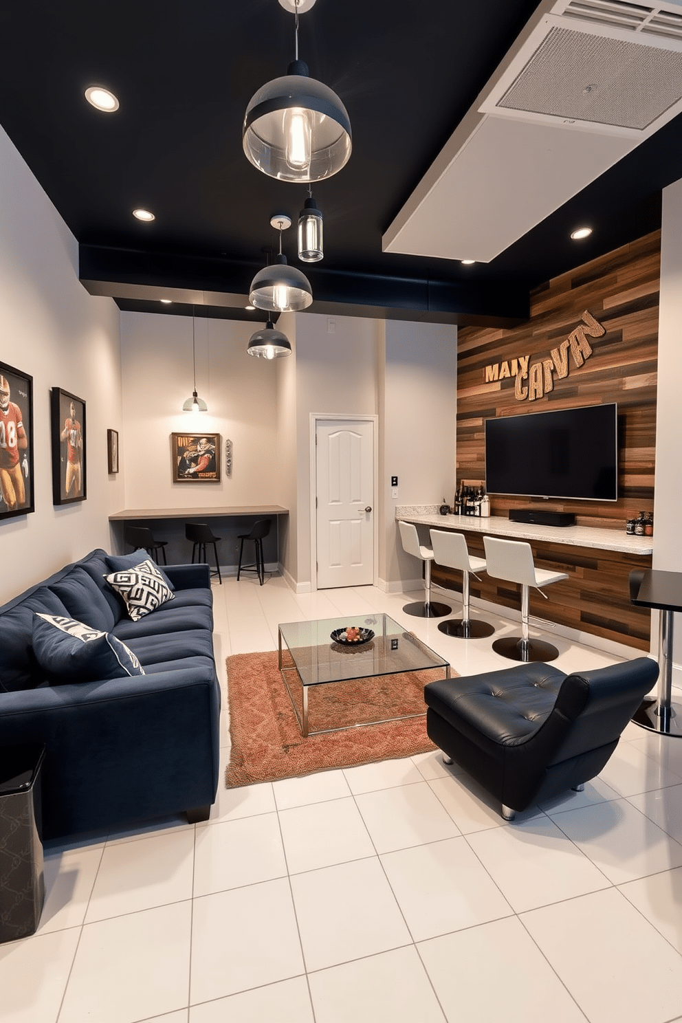 A stylish man cave featuring white tile flooring that enhances the spaciousness and cleanliness of the space. The room includes a plush sectional sofa in a deep navy blue, paired with a sleek glass coffee table and a large flat-screen TV mounted on a feature wall adorned with reclaimed wood. In one corner, a well-stocked bar with modern bar stools invites relaxation and entertainment. Ambient lighting fixtures hang from the ceiling, casting a warm glow over the room, while framed sports memorabilia adds a personal touch to the decor.