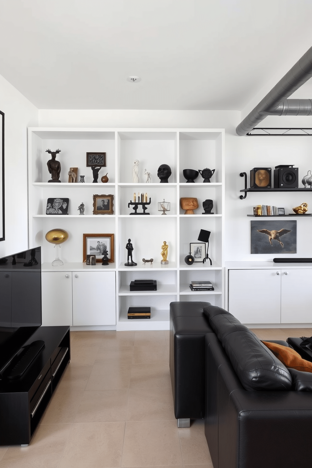 A minimalist white shelving unit lines the wall, showcasing a curated collection of unique collectibles. The clean lines and open design create an airy atmosphere, allowing each piece to stand out. The man cave features a sleek, modern aesthetic with dark leather seating and a large flat-screen TV. Accents of industrial decor, such as exposed pipes and metal shelving, enhance the masculine vibe of the space.