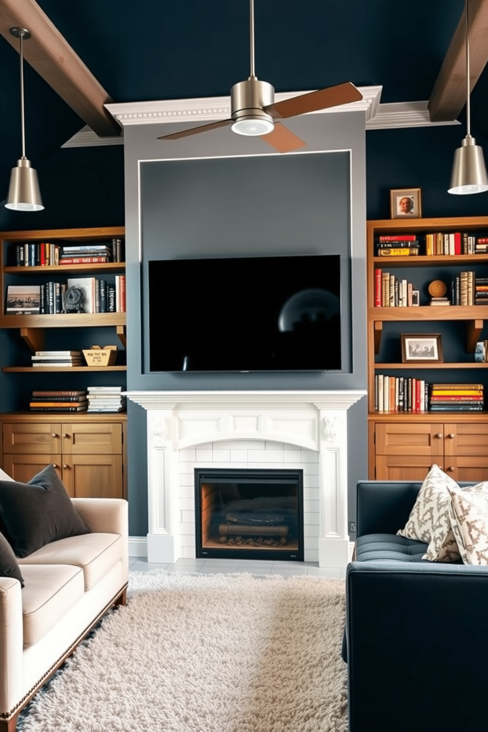 A stylish man cave featuring a white fireplace as the focal point. The room is adorned with plush seating, a large flat-screen TV mounted above the fireplace, and rustic wooden shelves filled with books and memorabilia. The walls are painted a deep navy blue, creating a warm and inviting atmosphere. Soft lighting from modern fixtures enhances the cozy feel, while a plush area rug adds comfort underfoot.