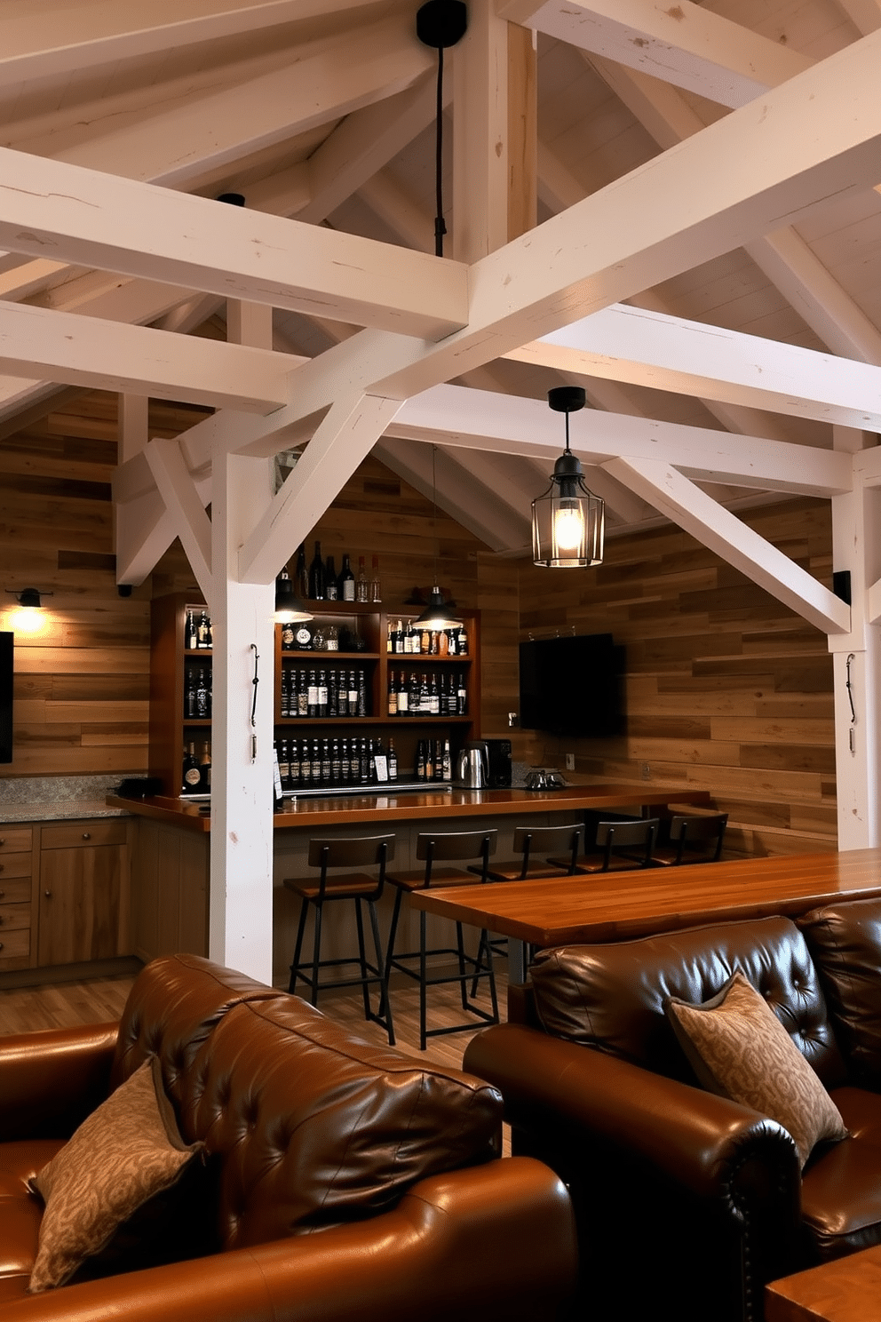 A cozy man cave featuring white wooden beams that add rustic charm to the space. The walls are adorned with reclaimed wood paneling, and plush leather furniture invites relaxation and entertainment. In one corner, a custom-built bar showcases a collection of craft beers and spirits, topped with stylish bar stools. Ambient lighting fixtures hang from the beams, creating a warm and inviting atmosphere for gatherings or quiet evenings.