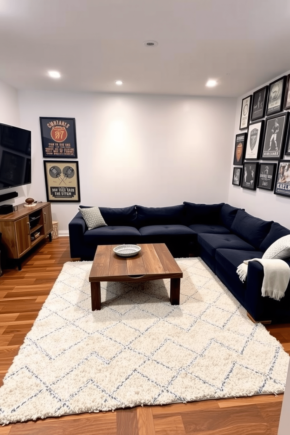 A cozy white rug with textured patterns lies in the center of a stylish man cave, complementing the rich wooden flooring. Surrounding the rug, a plush sectional sofa in deep navy invites relaxation, while a sleek coffee table made of reclaimed wood adds a rustic touch. The walls are adorned with framed vintage sports memorabilia, creating a nostalgic atmosphere. A large flat-screen TV is mounted above a modern console, with ambient lighting illuminating the space, perfect for a movie night or game day gathering.