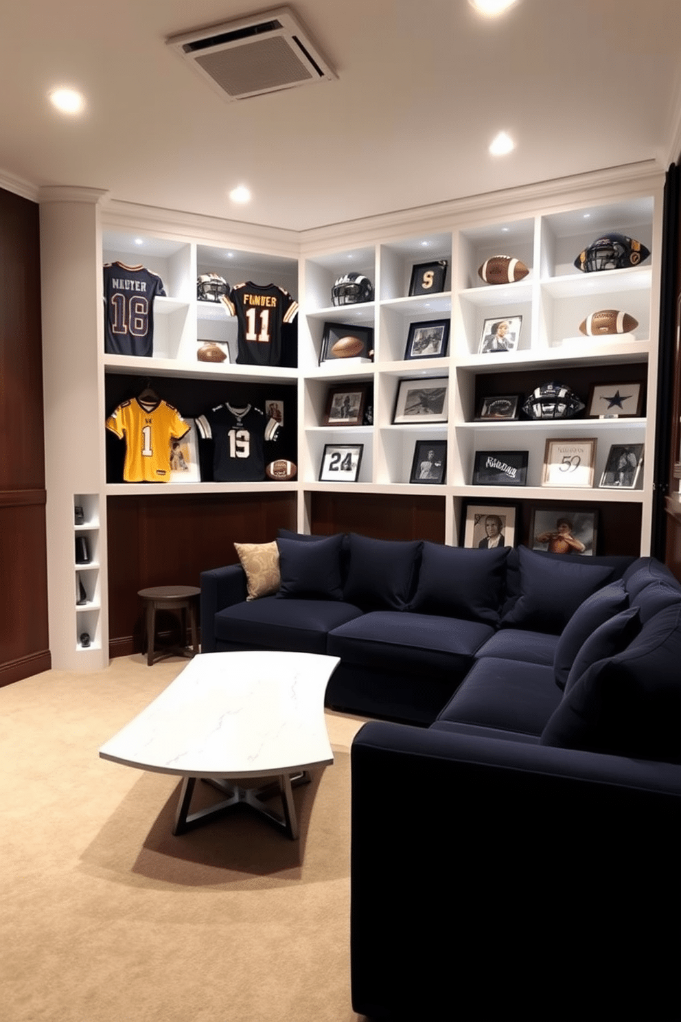 A stylish man cave featuring white sports memorabilia display shelves that elegantly showcase an array of signed jerseys, footballs, and framed photographs. The walls are adorned with dark wood paneling, creating a cozy atmosphere, while a plush sectional sofa in navy blue invites relaxation and entertainment. The room is illuminated by soft, recessed lighting that highlights the memorabilia without overwhelming the space. A sleek, modern coffee table sits at the center, surrounded by comfortable seating, making it the perfect spot for game day gatherings and casual hangouts.