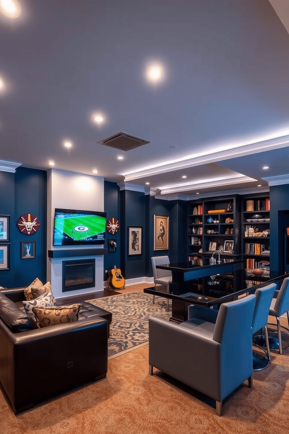 A stylish man cave featuring bright white recessed lighting that creates an inviting ambiance. The space is adorned with plush leather seating, a large flat-screen TV mounted on a feature wall, and a sleek bar area with modern stools. The walls are painted in a deep navy blue, contrasting beautifully with the white lighting. Decor elements include framed sports memorabilia and a custom-built bookshelf filled with books and collectibles.