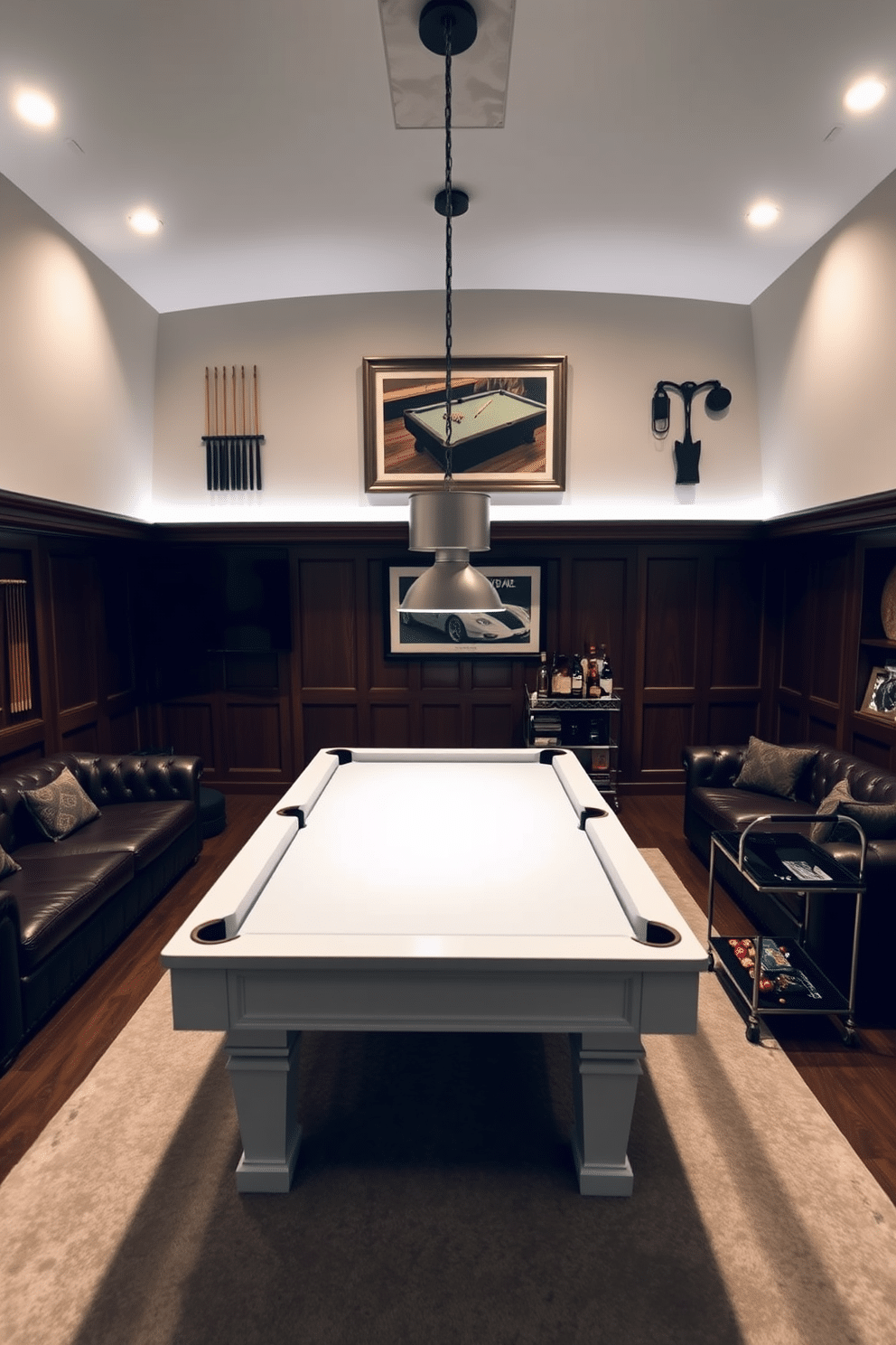 A classic white pool table is centered in a spacious man cave, surrounded by rich wooden paneling and soft ambient lighting. Accessories like cue sticks and a stylish rack are neatly arranged on the wall, enhancing the room's sophisticated yet relaxed atmosphere. The seating area features plush leather sofas in deep tones, complemented by a sleek bar cart stocked with premium spirits. A large framed artwork depicting a vintage pool scene adds character to the space, while a soft rug underfoot ties the design together.