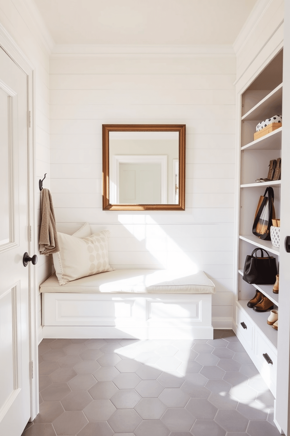 Bright white shiplap walls create a warm and inviting atmosphere, enhancing the natural light that floods the space. The mudroom features a built-in bench with plush cushions, surrounded by open shelving for easy storage of shoes and bags. The floor is adorned with hexagonal tiles in soft gray, providing a stylish contrast to the walls. A large, framed mirror hangs above the bench, reflecting the cheerful decor and adding depth to the room.