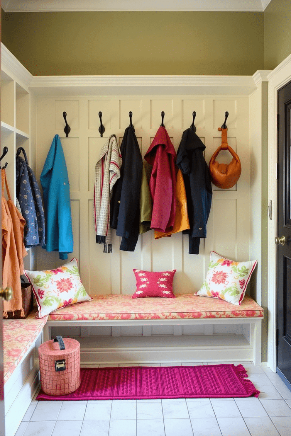 A cozy mudroom featuring built-in seating with colorful cushions arranged against the wall. The space is adorned with hooks for coats and a stylish bench, complemented by a cheerful color palette that invites warmth and functionality.