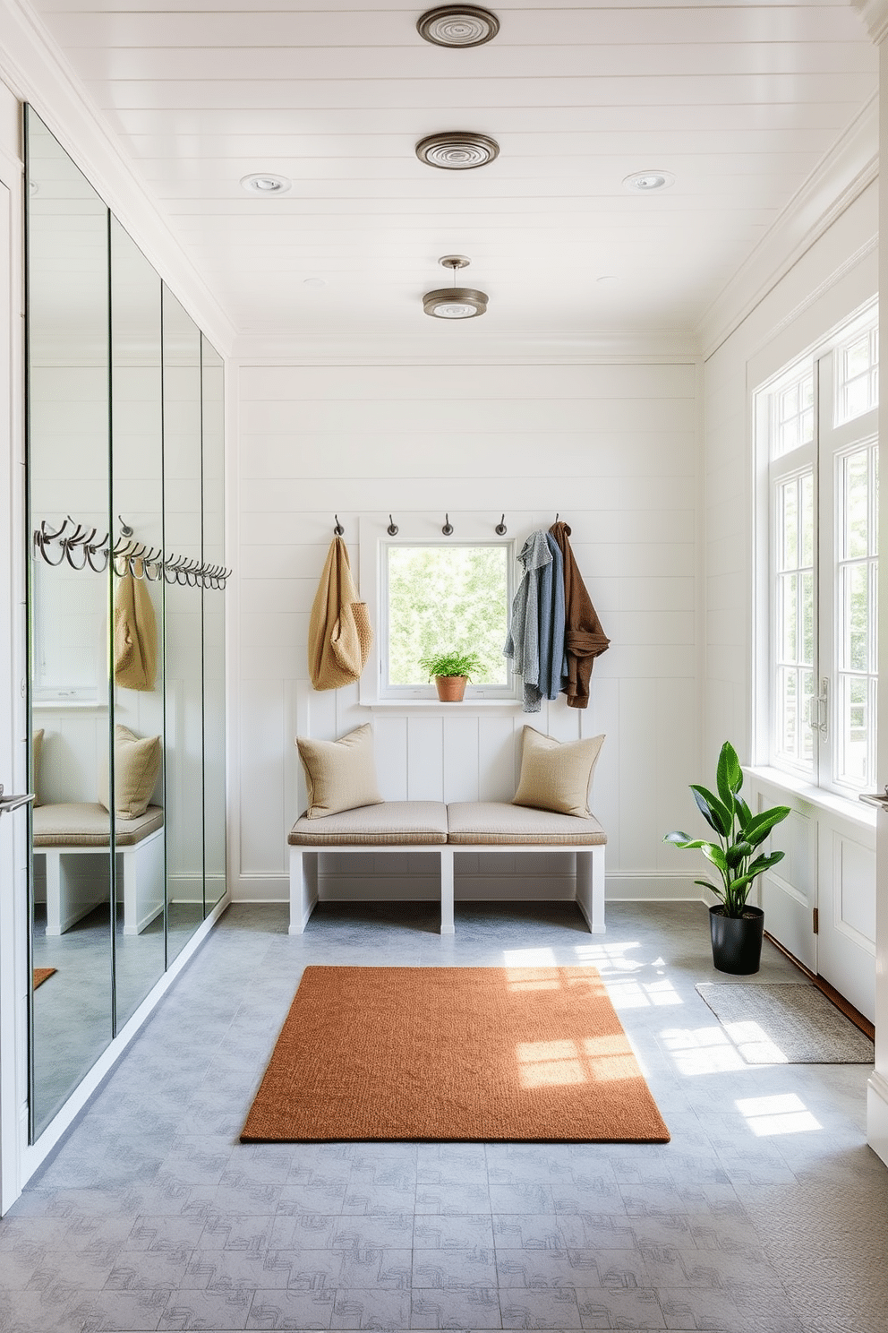 A spacious mudroom featuring large, floor-to-ceiling mirrors that reflect natural light, creating an airy and bright atmosphere. The walls are adorned with light-colored shiplap, and the floor is covered in durable, textured tiles for easy maintenance. In the center, a built-in bench with plush cushions invites relaxation, while hooks above provide ample storage for coats and bags. A stylish area rug adds warmth, and potted plants placed near the windows bring a touch of nature indoors.