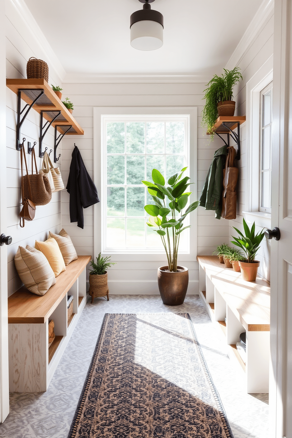 A serene mudroom featuring white shiplap walls and a durable, patterned tile floor. Along one side, built-in wooden benches with soft cushions provide seating, while potted plants are strategically placed to add a touch of greenery and freshness. The space includes a large window that allows natural light to flood in, illuminating the room. Hooks for coats and bags line the walls, and a stylish rug adds warmth to the entryway.