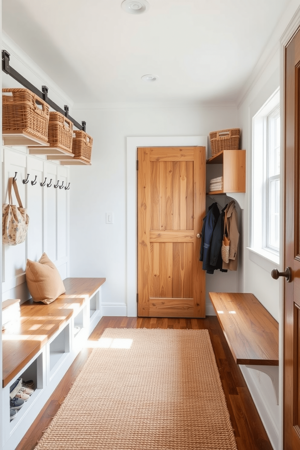 A cozy mudroom featuring a sliding barn door that adds rustic charm. The space includes built-in benches with cushioned seats, hooks for coats, and a textured area rug that complements the warm wood tones. The walls are painted in a soft white, enhancing the natural light that floods in through a nearby window. Decorative baskets are neatly arranged on shelves, providing functional storage while maintaining a stylish aesthetic.