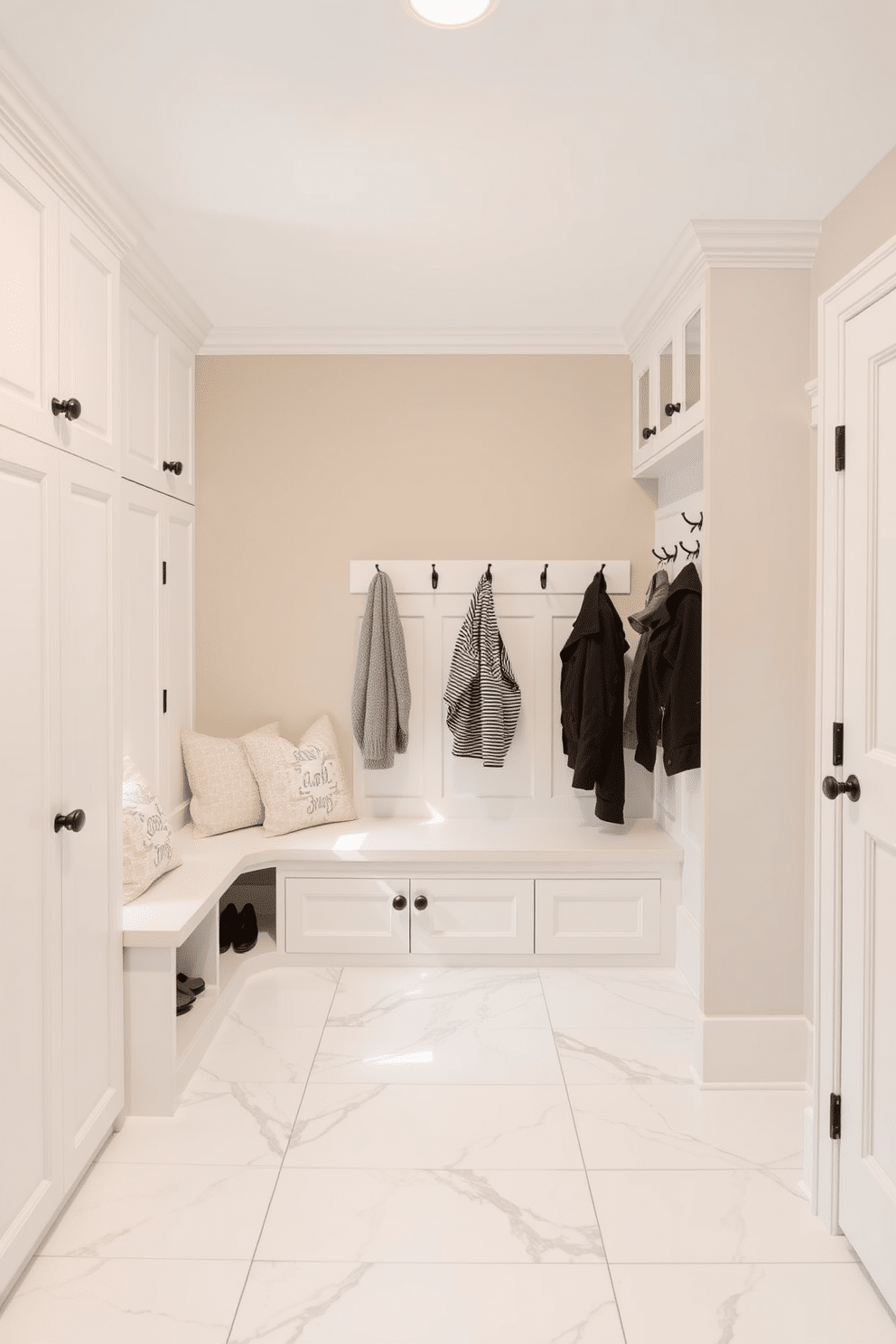 A spacious mudroom featuring a neutral color palette with white accents. The walls are painted in a soft beige, complemented by white cabinetry and a built-in bench with plush cushions. The floor is covered in large white tiles with subtle gray veining, providing a clean and modern look. Functional storage solutions include open cubbies for shoes and hooks for coats, enhancing both style and practicality.