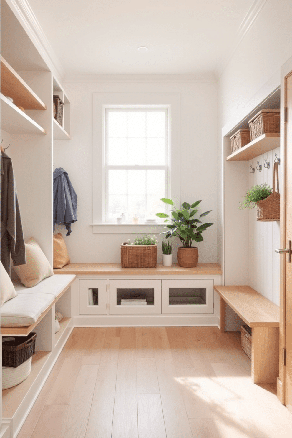 A bright and airy mudroom featuring light wood accents that create a warm contrast against the crisp white walls. The space includes built-in benches with soft cushions, open shelving for storage, and hooks for hanging coats and bags. Natural light floods in through a large window, illuminating the light wood flooring and enhancing the inviting atmosphere. Potted plants and decorative baskets add a touch of greenery and organization to the design.