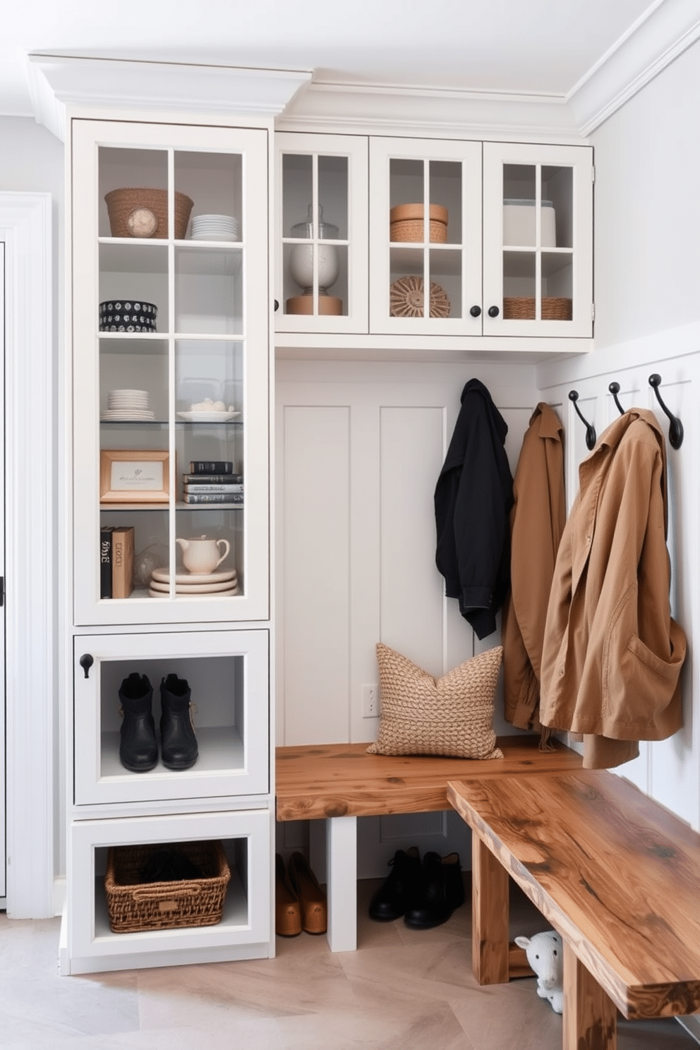 A stylish mudroom featuring glass-front cabinets for display and storage, showcasing neatly organized accessories and seasonal decor. The cabinetry is painted in a soft white hue, complemented by a rustic wood bench and hooks for coats, creating an inviting and functional entryway.