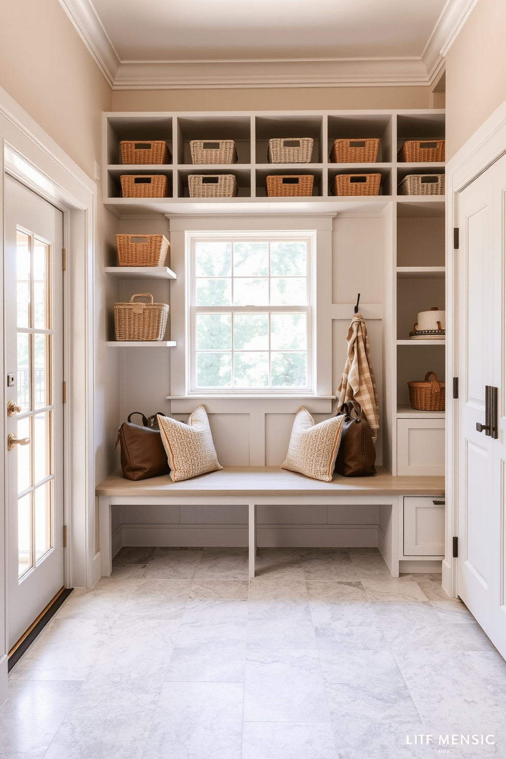 Open shelving lines the walls of a spacious mudroom, showcasing neatly arranged decorative baskets in various textures and colors. The floor is covered with a durable, patterned tile that complements the soft, neutral tones of the walls, creating a welcoming atmosphere. A large window allows natural light to flood the space, illuminating a stylish bench with plush cushions beneath it. Hooks are mounted above the bench for coats and bags, adding functionality to the elegant design.