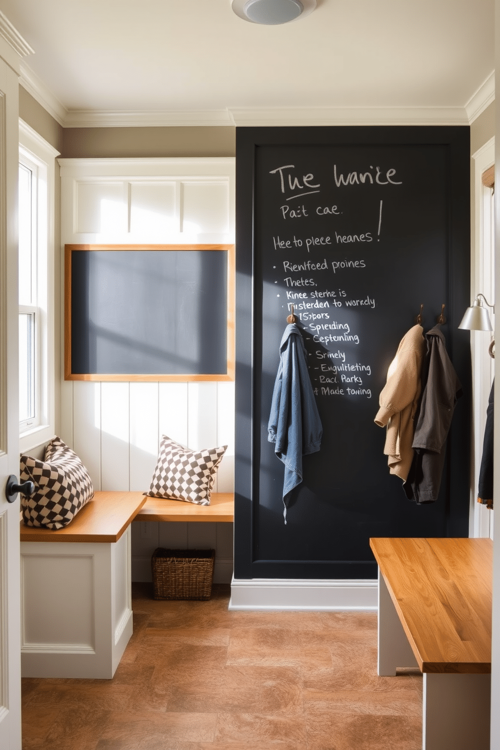 A stylish mudroom features a large chalkboard wall, perfect for jotting down notes and reminders. The space is adorned with built-in benches and hooks for coats, creating an organized and inviting entryway. The floor is finished with durable, textured tiles that can withstand heavy foot traffic. Soft, natural light filters in through a nearby window, enhancing the warm color palette of the room.