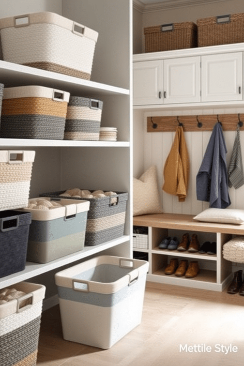 A collection of stylish laundry baskets designed to blend seamlessly with modern decor. Each basket features a unique texture and color palette, providing both functionality and aesthetic appeal while keeping clutter hidden away. A welcoming mudroom designed for both style and practicality. The space includes built-in storage solutions, a bench with plush cushions, and a combination of hooks and shelves for easy organization of shoes and outerwear.