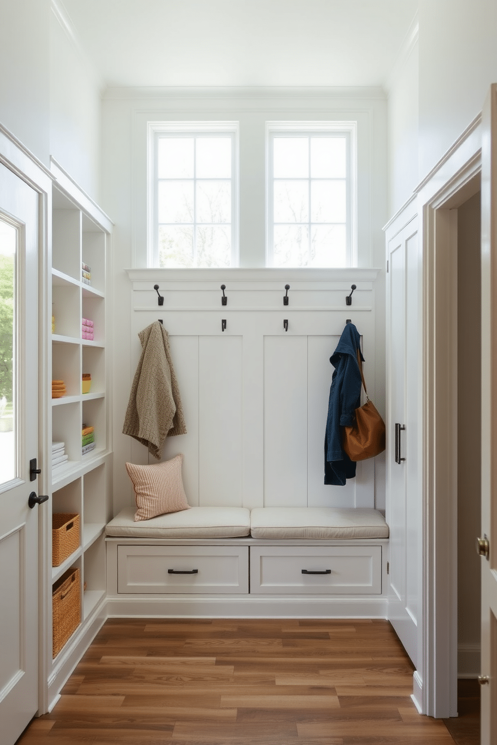 A bright and airy mudroom featuring transom windows that allow natural light to flood the space. The walls are painted in a soft white, complemented by a mix of open shelving and closed cabinetry for storage. The flooring is a durable, wood-like tile that adds warmth and is easy to maintain. A built-in bench with plush cushions sits beneath the windows, with hooks above for hanging coats and bags, creating a welcoming entryway.