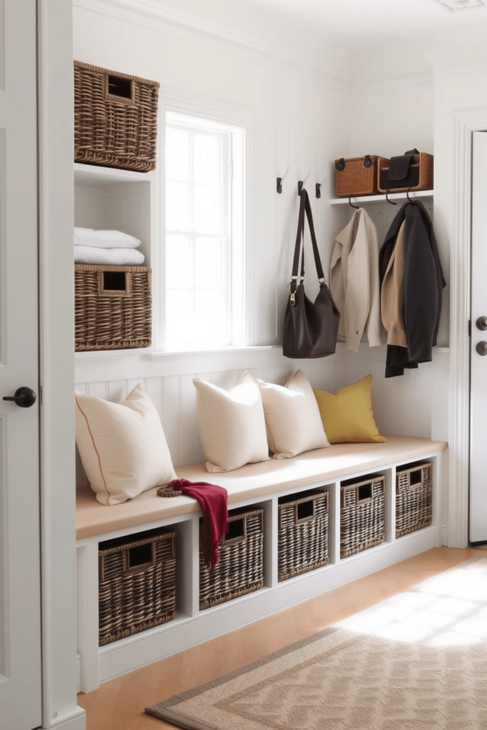 A stylish mudroom featuring woven storage bins that provide an organized and tidy appearance. The bins are neatly arranged on open shelving, complemented by a bench with plush cushions in a neutral tone. The walls are painted in a soft white, creating a bright and airy atmosphere. A patterned rug adds warmth to the space, while hooks for coats and bags are installed above the bench for easy access.