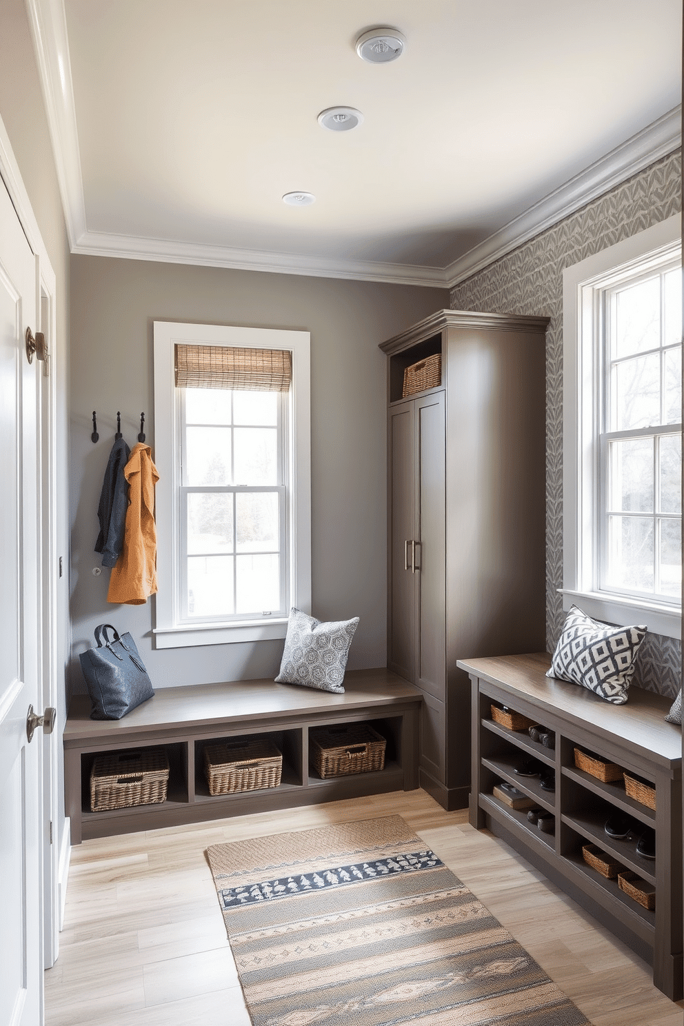 A contemporary mudroom featuring multi-functional furniture designed for versatile use. The space includes a built-in bench with storage underneath, surrounded by hooks for coats and bags, and a sleek shoe cabinet that doubles as a seating area. The walls are painted in a soft gray, complemented by a patterned wallpaper on one accent wall. Natural light floods the area through a large window, and decorative baskets are placed neatly on the shelves to enhance organization and style.