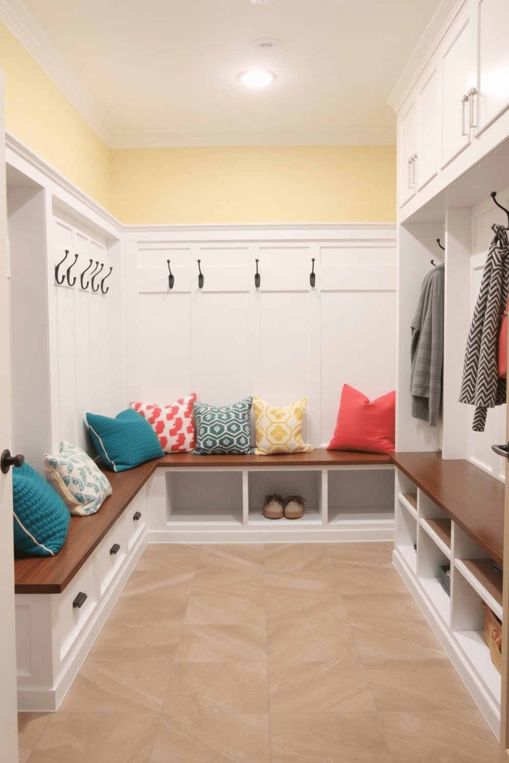 A bright and inviting mudroom features a spacious layout with built-in storage benches and hooks for coats. The walls are painted a soft, warm white, and the floor is adorned with a durable, patterned tile that adds texture. Colorful throw pillows in various patterns and textures are scattered across the benches, creating a cheerful and cozy atmosphere. These pillows incorporate vibrant hues like teal, mustard, and coral, providing a lively contrast to the neutral backdrop.