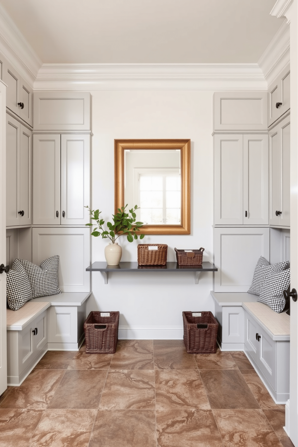 A classic white mudroom featuring elegant crown molding that adds a touch of sophistication. The space includes built-in benches with plush cushions, surrounded by custom cabinetry painted in a soft gray tone. The flooring consists of durable, patterned tiles that complement the overall design while providing functionality. A large mirror hangs above a sleek console table, adorned with decorative baskets for organized storage and fresh greenery for a welcoming touch.