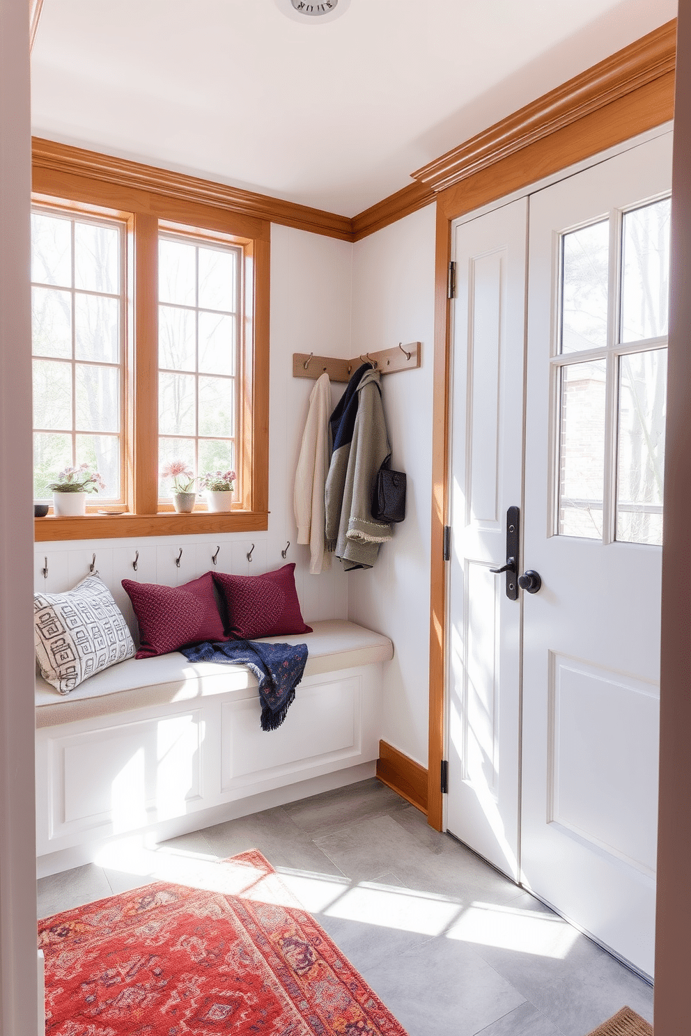 A bright mudroom filled with natural light streaming through large windows, creating an inviting atmosphere. The space features a built-in bench with plush cushions and hooks above for hanging coats, all framed by warm wood accents. The walls are painted in a soft white, complemented by a durable, textured tile floor in a light gray hue. A stylish area rug adds a pop of color, while potted plants on the windowsill bring life to the room.