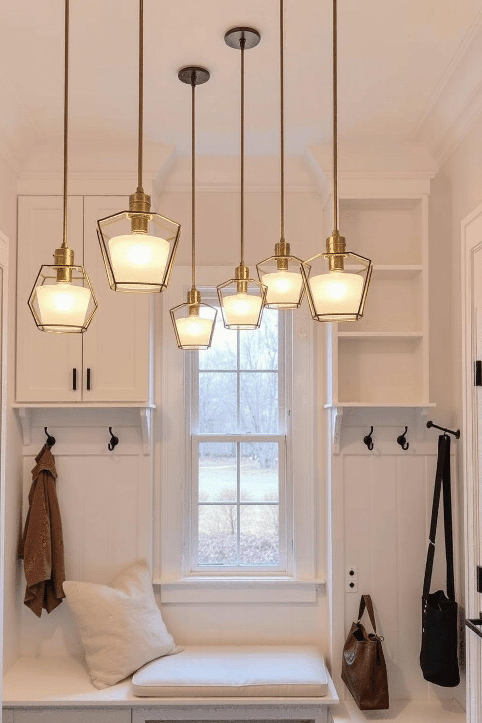 Elegant pendant lights for ambiance. The space features a series of sleek, modern pendant lights hanging from the ceiling, casting a warm glow over the room. Each light has a unique geometric shape, made of brushed brass and frosted glass, creating an artful display. White mudroom design ideas. The mudroom showcases a combination of built-in cabinetry and open shelving, all painted in a crisp white finish. A bench with plush cushions sits below the window, while hooks line the walls for hanging coats and bags, enhancing both functionality and style.