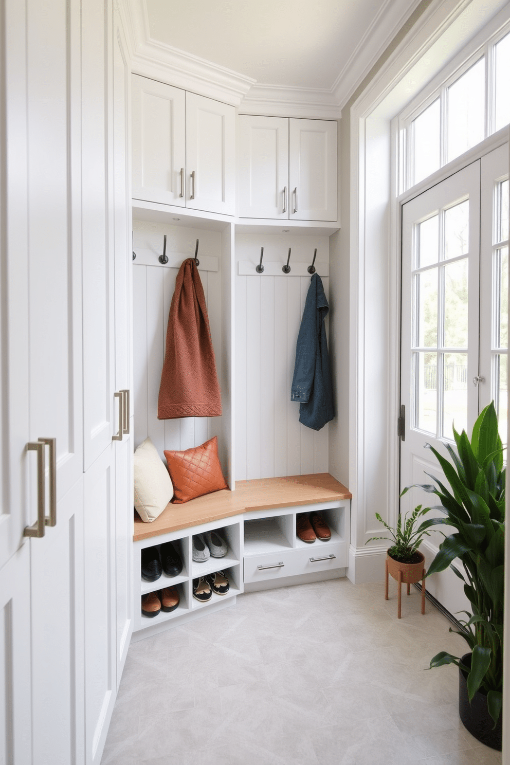 Crisp white cabinetry with sleek hardware lines the walls of a bright and airy mudroom. The space features a built-in bench with plush cushions, surrounded by organized storage cubbies for shoes and bags. Natural light floods the room through a large window, illuminating the light gray walls and the stylish patterned tile floor. A decorative coat rack with hooks adds a touch of charm, while potted plants bring a refreshing pop of color to the space.