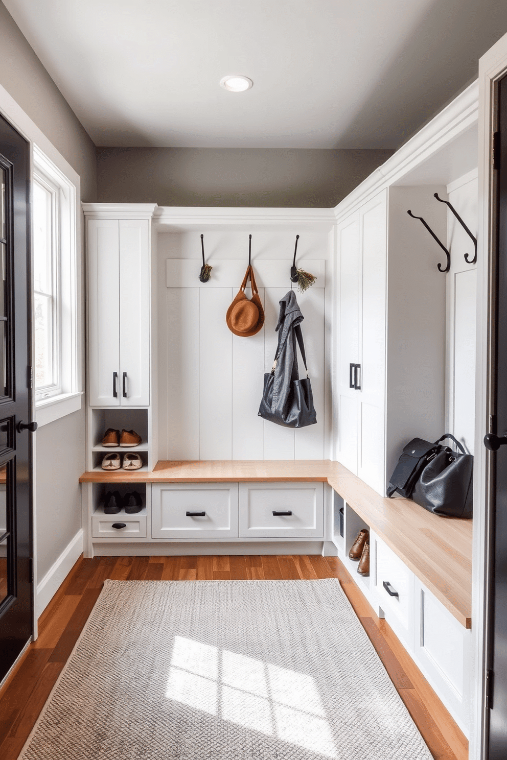 A modern mudroom featuring built-in lockers with a sleek white finish, providing organized storage for shoes and coats. The space is accentuated by a light wood bench for seating, and the walls are painted in a soft gray to create a welcoming atmosphere. Brightly lit by natural light from a nearby window, the mudroom includes decorative hooks for hanging bags and hats. A durable, textured rug in a neutral tone lies on the floor, adding warmth and style to this functional entryway.