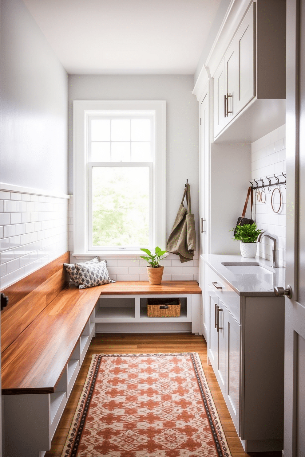 A stylish mudroom featuring a subway tile backsplash that creates a clean and modern aesthetic. The space includes built-in wooden benches with storage underneath, complemented by hooks for coats and bags on the wall. Natural light floods in through a large window, illuminating the white cabinetry and sleek countertops. A patterned rug adds a touch of warmth, while potted plants bring a refreshing element to the design.