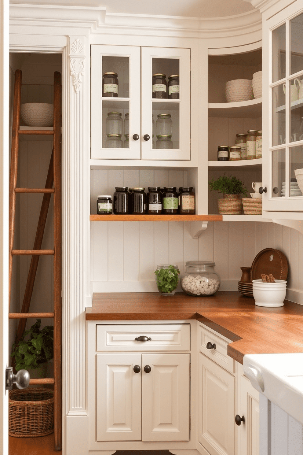 A charming farmhouse-style pantry features elegant white cabinetry with intricate detailing and a rustic wooden countertop. Open shelving displays neatly arranged jars of preserves and fresh herbs, while a vintage ladder leans against the wall for easy access to higher shelves.