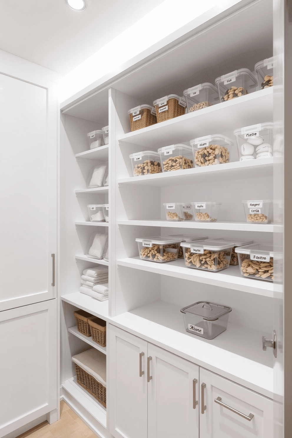 A bright white pantry featuring sleek cabinetry and open shelving, illuminated by recessed LED lighting that enhances the clean aesthetic. The space is organized with clear storage containers and labeled baskets, creating a functional yet visually appealing design.