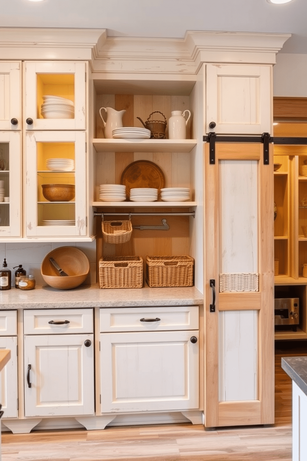 Rustic white cabinetry with natural wood accents creates a warm and inviting kitchen atmosphere. The cabinetry features a distressed finish, complemented by open shelving showcasing artisanal dishware and rustic decor. For the pantry design, consider incorporating sliding barn doors that blend seamlessly with the cabinetry. Inside, organize the space with woven baskets and wooden crates to maintain a cohesive rustic aesthetic.