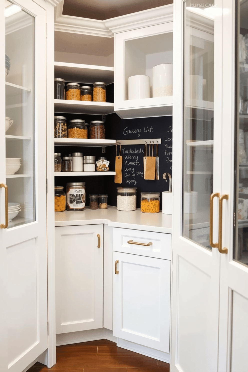 A bright and airy white pantry features sleek cabinetry with a glossy finish, complemented by open shelving displaying neatly organized jars and containers. A chalkboard wall provides a functional yet stylish space for notes and grocery lists, adding a touch of creativity to the design.