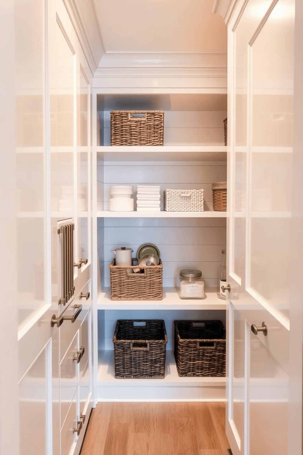 A stylish white pantry features sleek cabinetry with a glossy finish, complemented by decorative baskets neatly arranged on the shelves. The space is illuminated by warm, ambient lighting, highlighting the organized layout and the subtle texture of the white shiplap walls.